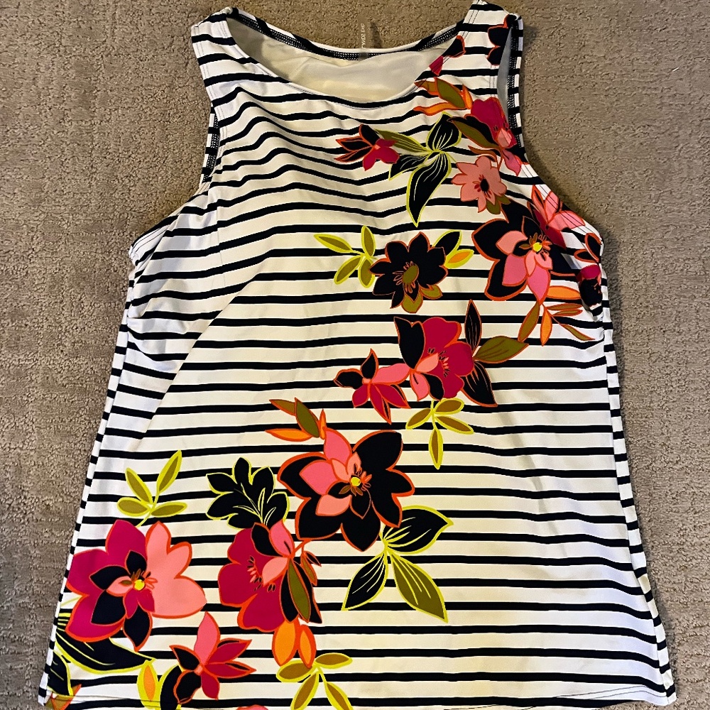 NWOT Lands End High Neck Tankini Tank Top, Navy/White Striped Floral, Size 16